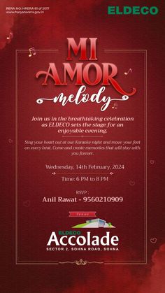 the flyer for an event with red and black text, which reads mi amor melody