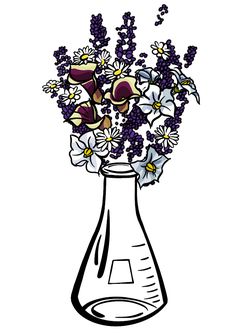 a vase filled with lots of purple and white flowers