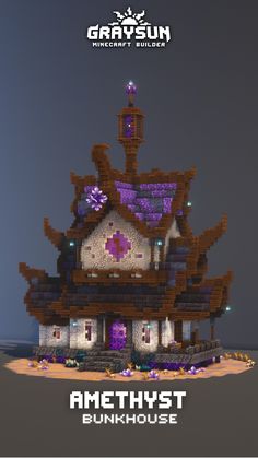 the front and back cover of an animated house with purple lights on it's roof