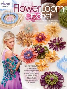 a woman standing in front of a white plate with flowers and crochet on it