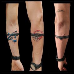 three different views of the same person's legs with tattoos on them