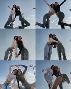 four pictures of two women and one man with their arms around each other in the air