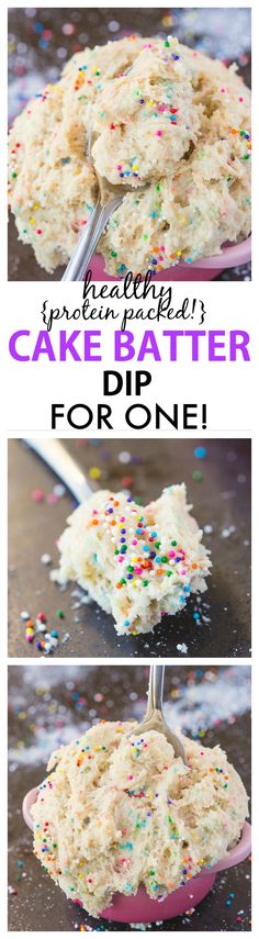 cake batter is being spooned into a pan with sprinkles on it