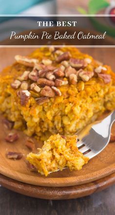 the most delicious pumpkin pie baked oatmeal is on a plate with a fork