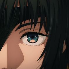 an anime character with long black hair and blue eyes looks at the camera while staring into the distance