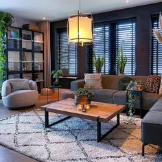 a living room filled with lots of furniture next to tall windows covered in blinds and plants