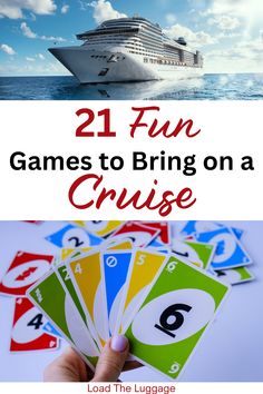 21 Fun games to bring on a cruise. Top image is a cruise ship, bottom image is a hand holding Uno cards Cruise Games For Adults, Family Vacation Games Activities, Cruise Games, Cruise Scavenger Hunt Ideas, Cruise Ship Games For Adults, Cruise Bingo, Scavenger Hunt On Cruise Ship, Planning A Cruise