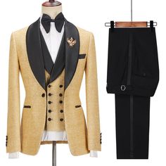 Elegant Fitted Gold Suit, Tailored Gold Suit For Formal Occasions, Elegant Gold Three-piece Suit For Formal Occasions, Elegant Gold Three-piece Suit For Formal Events, Fitted Gold Three-piece Suit For Semi-formal Occasions, Gold Fitted Three-piece Suit For Semi-formal, Gold Fitted Three-piece Suit For Semi-formal Occasions, Elegant Gold Suits For Semi-formal Occasions, Elegant Gold Suits For Semi-formal Events