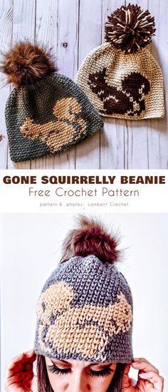 a woman wearing a knitted hat with two pom poms on it and the words gone squirrelly beanie free crochet pattern