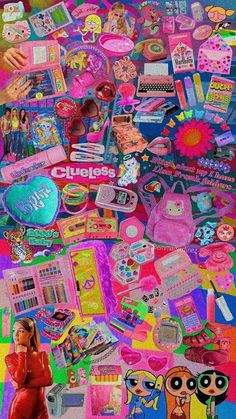 a collage of barbie dolls, toys and other items on a multicolored background