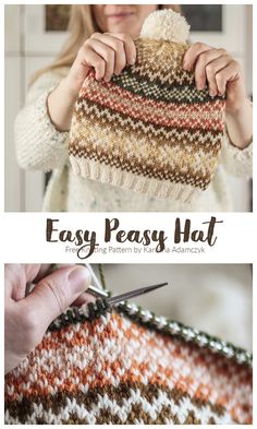 a woman is holding up a crocheted bag with the words easy peasy hat on