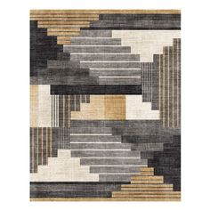 an abstract rug with black, beige and white stripes on the bottom half of it