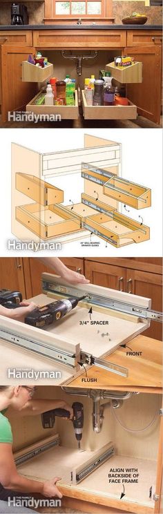 the kitchen cabinet door is open and there are drawers labeled with instructions to install them