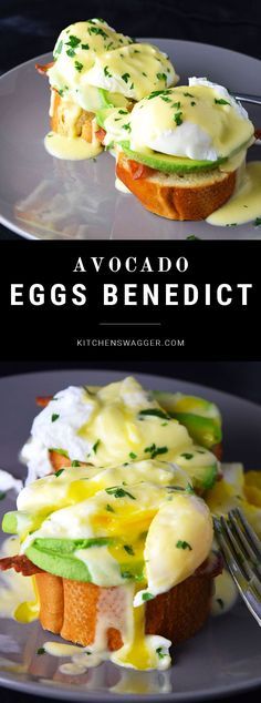 an egg benedict with avocado and sour cream on top is served on a plate