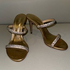 Schutz Never Worn Beautiful Gold Sandal With Double Rhinestone Strap Over The Foot Elegant Bling Sandals, Elegant Bedazzled Gold Sandals, Elegant Gold Bedazzled Sandals, Crystal Embellished Heels For Anniversary, Gold Sandals, Women's Shoes Sandals, Shoes Sandals, Womens Sizes, Women Shoes