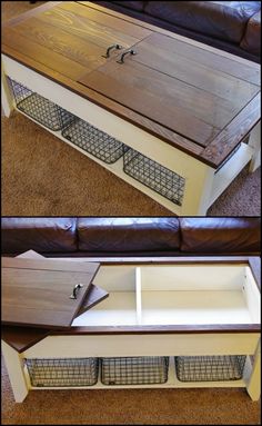 the before and after shots of an old coffee table with storage baskets on it's sides