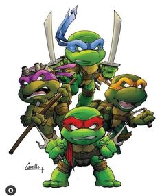 the teenaged turtles are holding swords and posing for a group photo in this cartoon