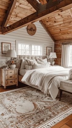 a large bed sitting under a wooden ceiling in a bedroom next to a chair and table