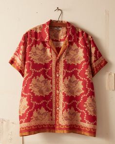 Burma Bibas Shirt, Silk Short Sleeve Printed Shirt, Silk Graphic Print Short Sleeve Tops, Silk Short Sleeve Tops With Graphic Print, Classic Summer Tops With Paisley Print, Classic Paisley Print Summer Tops, Silk Shirt With Relaxed Fit And Camp Collar, Vintage Printed Silk Tops, 70s Button Up Shirt