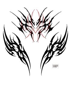 an artistic tattoo design with black and red ink on white paper, depicting two large wings