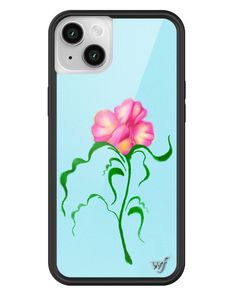 an iphone case with a pink flower on the front and green leaves on the back