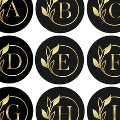 six black and gold monogrammed logos with leaves