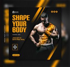 a flyer for a bodybuilding competition with an image of a man in yellow and black