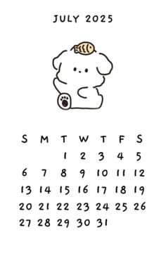 the calendar for july is shown with an image of a dog on it's face