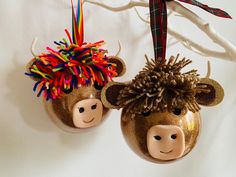 two ornaments are hanging on the wall with different colored hair and nose decorations attached to them