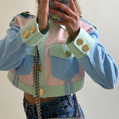 Into Pastels? Crafted From Cotton, This Balmain Denim Jacket Boasts A Patchwork Design In A Soft And Pale Colour Palette That Will Make The Signature Embossed Gold-Tone Buttons Shine Brightly. So Will You. 100% Cotton Oversized Fit. Cropped Style. Can Fit Xs-M. Size Fr 36 Bust: 36" Waist: 36" Shoulder: 18.25" Length: 15.25" Sleeve: 29.75" Brand New With Tags. Balmain Denim, Balmain Jacket, Jacket Denim, Pale Colors, Button Jacket, Green Button, Cropped Style, Patchwork Designs, Seafoam Green