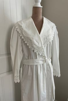 Excellent condition!! Beautiful lace edged collar & sleeves.  Inside tie, sash with loops.  Crisp white cotton,  two tiny specks at hem area...must be ink because bleach did not remove.  Not noticeable. (See picture) White Nightgown With Built-in Bra, Spring Nightgown With Built-in Bra, Peignoir Sets Margaret Lawton Nightgowns Beautiful Nightgowns & Pajamas, Spring Cotton V-neck Nightgown, White Nightgown Plus. 2x, Pajama Robe, Womens Robes, Lace Edging, White Cotton