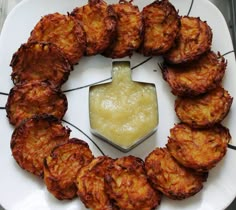 some food is arranged on a white plate with a dip in the middle and sauce around it