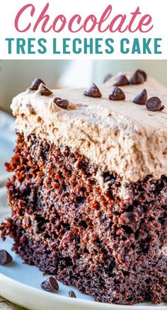 a close up of a slice of chocolate tres leches cake on a white plate