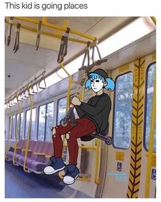 a cartoon character is sitting on a subway car with blue hair and black shirt, red pants, and white sneakers