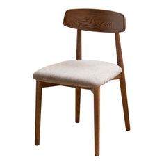 a wooden chair with a white upholstered seat and back rest on a white background