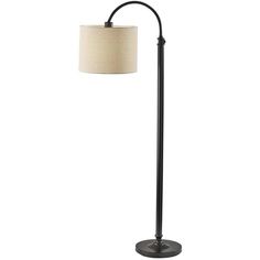 a black floor lamp with a white shade on it's base and a beige drum light