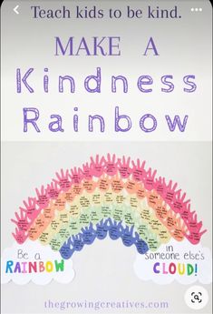 a rainbow sign with words on it that read teach kids to be kind make a kindness rainbow