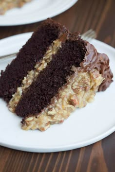 a piece of chocolate cake on a white plate