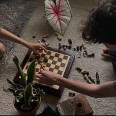 two people playing checkers on the floor next to a potted plant and other items