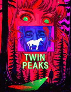 the poster for twin peaks shows a woman's face with green eyes and a white horse