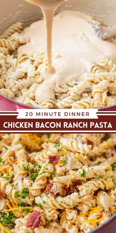 chicken bacon ranch pasta is being poured over the top and bottom of it in a skillet