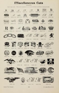 an old book with many different types of logos on it's pages, including letters and