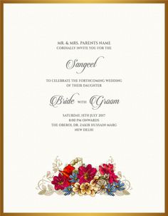 a wedding card with flowers on the front and bottom, in gold trimmings