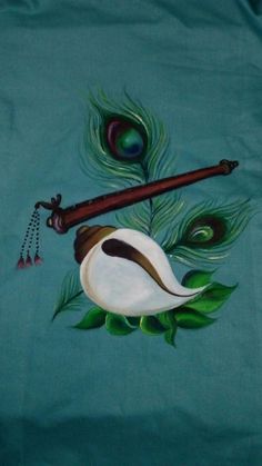 a painting of a pipe and some feathers on a blue background with green leafy leaves