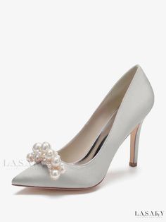 Lasaky - Elegant Satin Wedding Shoes with Pointed Toe, Pearls, and Stiletto Heel - Perfect for Bridal Ensembles Elegant Open Toe Bridal Party Accessories, Fitted Wedding Shoes With Round Toe, Closed Toe Wedding Shoes With 4-inch Heel For Banquet, Fitted Round Toe Wedding Shoes, Fitted Low Heel Wedding Shoes For Ceremony, Pearl Embellished Closed Toe Heels For Wedding, Silver Fitted Heels For Wedding, Elegant Open Toe Wedding Shoes For Banquet, Fitted Almond Toe Wedding Shoes