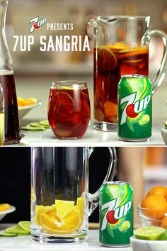 two pictures show different types of tea and oranges, one is in a pitcher