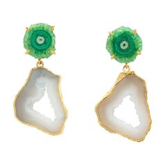 Green White Crystal Gemstone Gold 'Summer Love' Statement Earrings | YAA YAA LONDON | Wolf & Badger Adding Details, Unique Handmade Earrings, Grey Agate, Druzy Crystal, Gold Statement Earrings, White Agate, Gemstone Jewelry Handmade, Colored Gems, Care Card