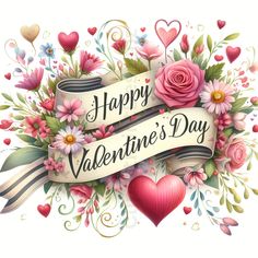 happy valentine's day banner with flowers and hearts