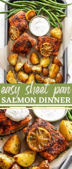 salmon dinner with potatoes and asparagus on the side - easy sheet pan salmon dinner