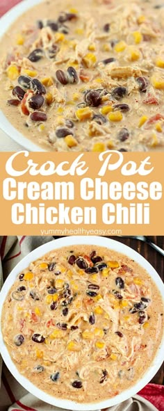 an easy crock pot cream cheese chicken chili is ready to be eaten and served